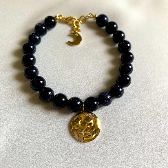 Navy Blue Gold Plated Celestial Beaded Bracelet - Picture 1 of 8